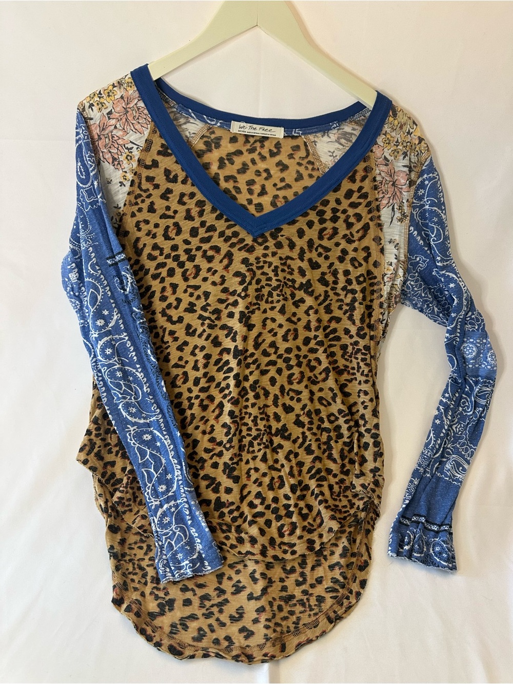 We The Free Leopard Print Long Sleeve Top with Blue Bandana Sleeves